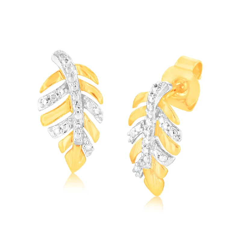 vintage earrings for women -9ct Yellow Gold Leaf Shaped Diamond Stud Earrings