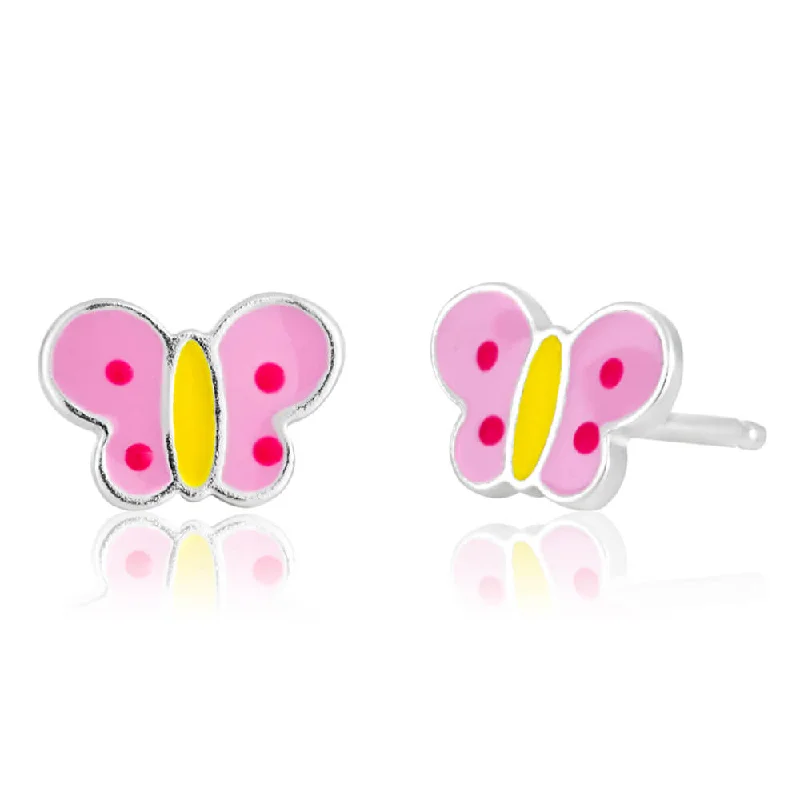 dangle earrings for women -Sterling Silver Butterfly Pink and Yellow Stud Earrings