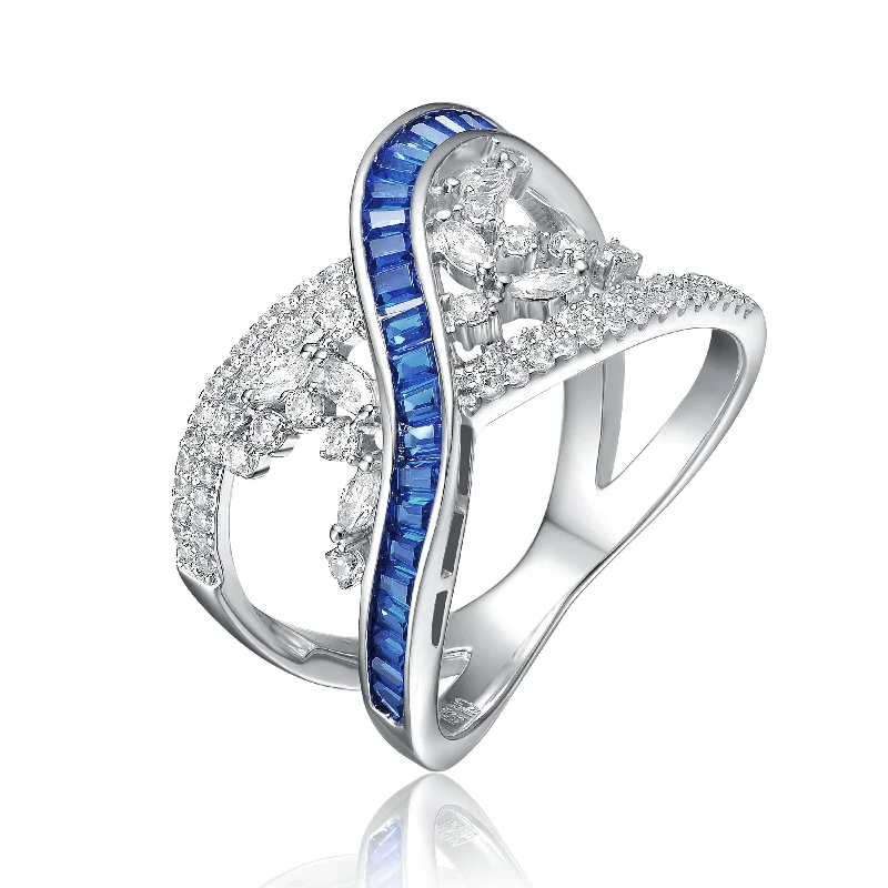 pearl rings for women -Sterling Silver Rhodium Plated with Sapphire Cubic Zirconia Criss-Cross Ring