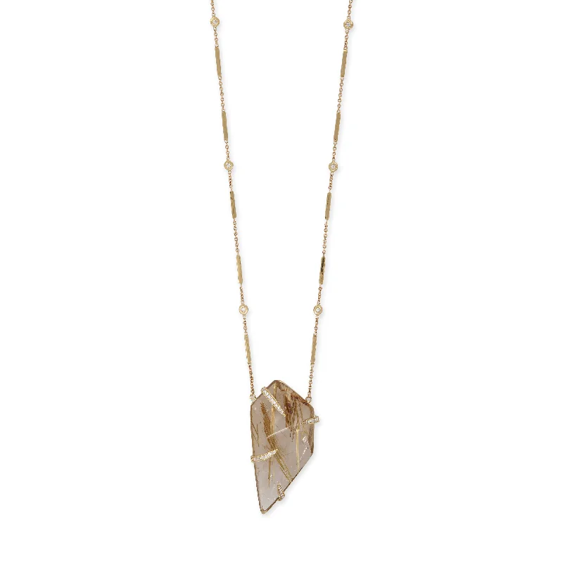 geometric necklaces for women -PAVE CLAW LARGE RUTILATED QUARTZ CRYSTAL SMOOTH BAR NECKLACE