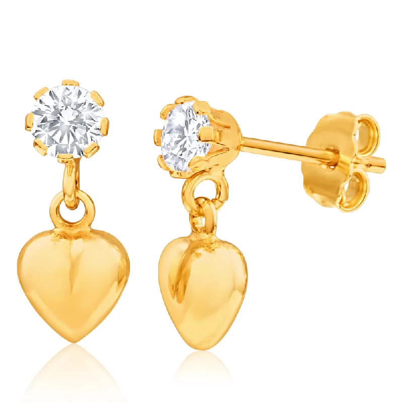 gold earrings for women -9ct Yellow Gold Silver Filled Cubic Zirconia Heart Drop Earrings