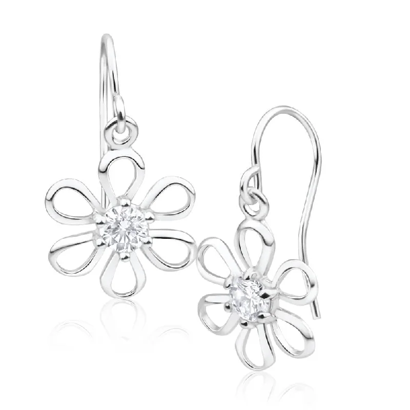 ear crawler earrings for women -Sterling Silver Cubic Zirconia Cut-out Flower Drop Earrings