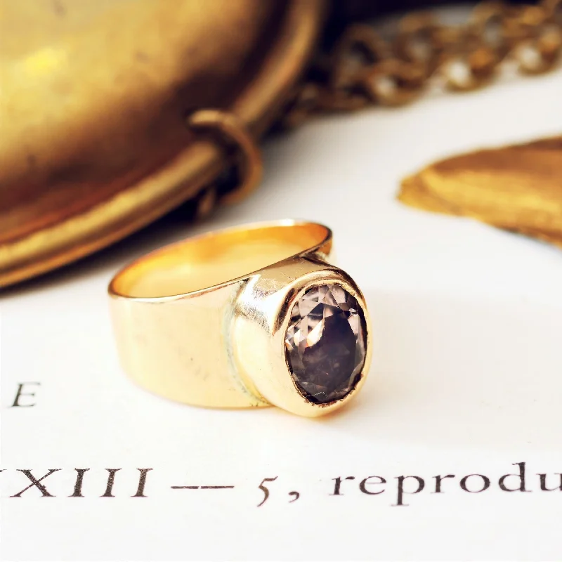 engraved name rings for women -Vintage Modernist 9ct Gold Smokey Quartz Ring