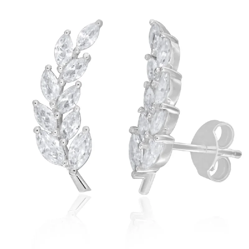 luxury earrings for women -Sterling Silver Cubic Zirconia Fancy Leaf Ear Curve Stud Earrings