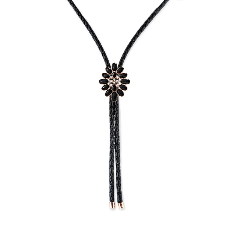 gothic necklaces for women -DIAMOND + ONYX BLOSSOM LEATHER BOLO NECKLACE