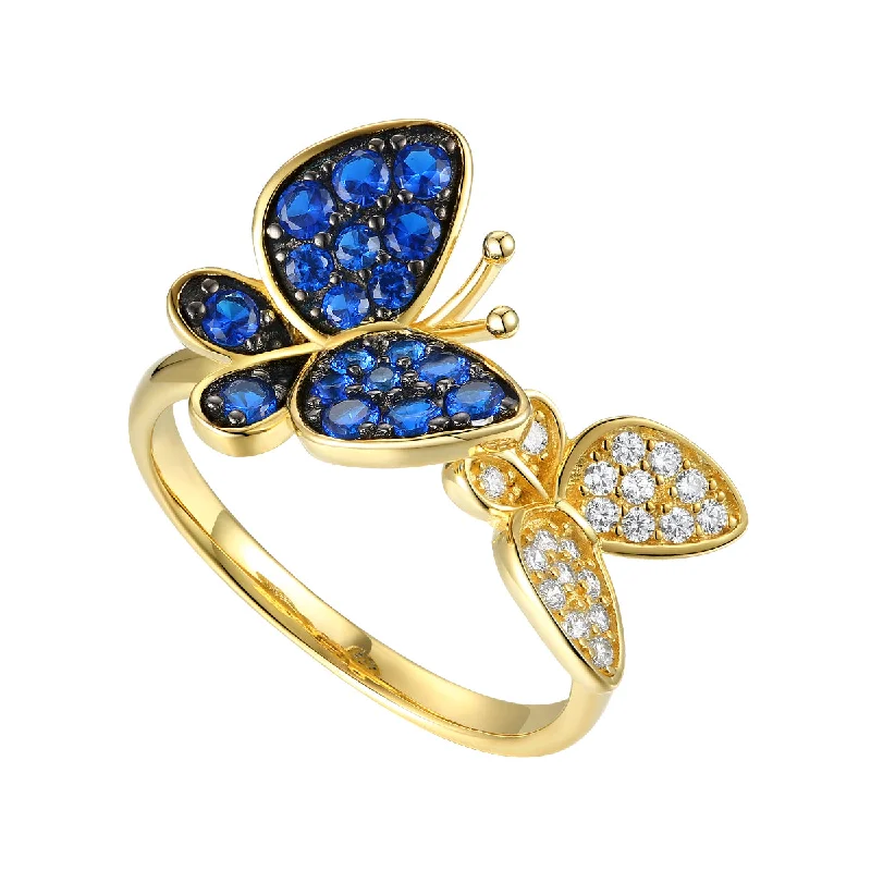 half-eternity rings for women -14k Gold Plated Sterling Silver with Sapphire & Cubic Zirconia Double Butterfly Stacking Ring