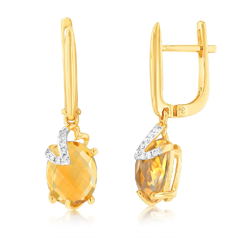 reversible earrings for women -9ct Yellow Gold Natural Citrine And Diamond Drop Earrings