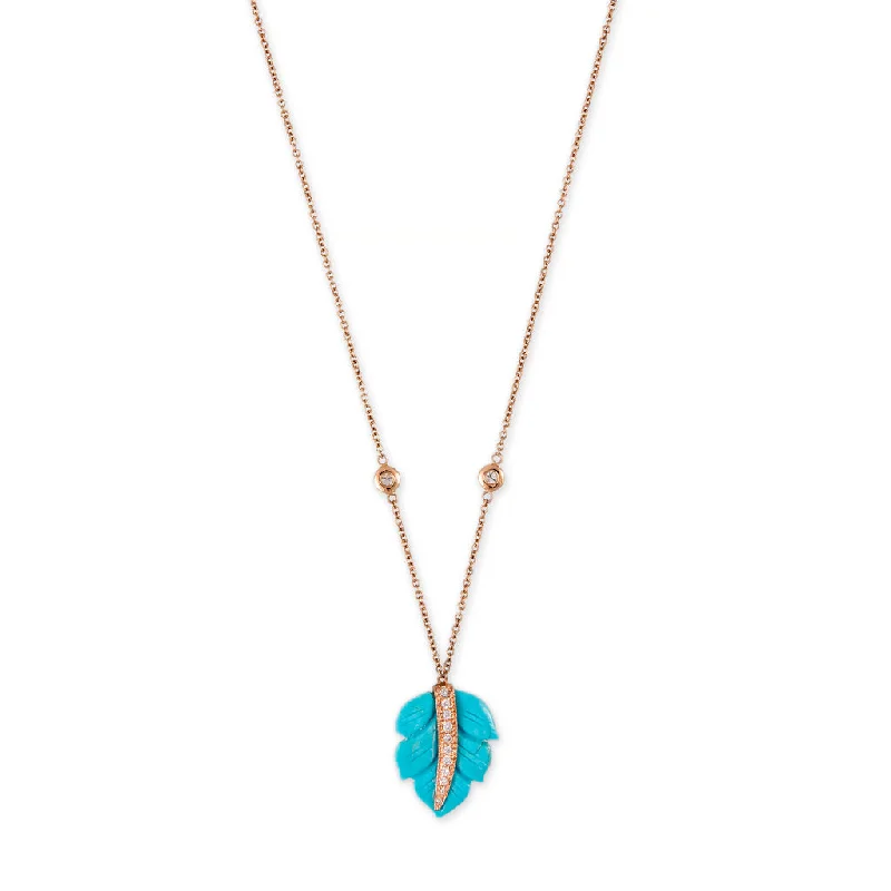 chevron necklaces for women -SMALL PAVE TURQUOISE LEAF DIAMOND NECKLACE