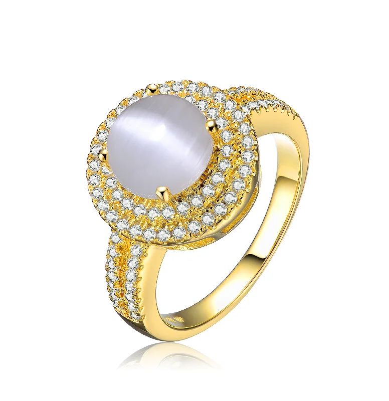 platinum rings for women -.925 Sterling Silver Gold Plated Opal Cubic Zirconia Double Halo Ring