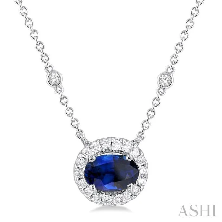 fashion statement necklaces for women -1/6 ctw East West 6X4MM Oval Cut Sapphire and Round Cut Diamond Halo Precious Necklace in 14K White Gold