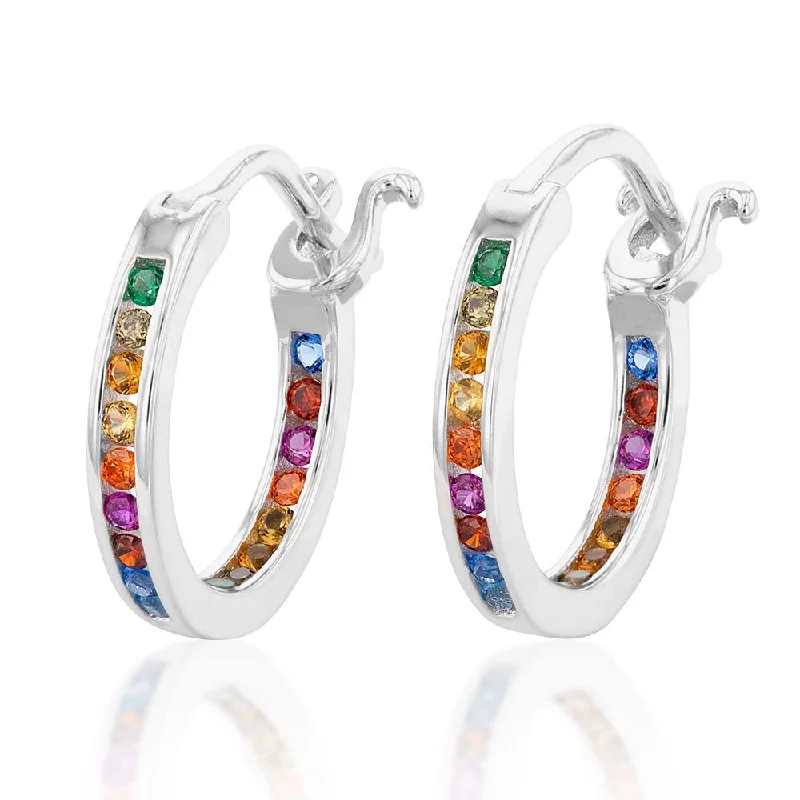 high-end earrings for women -Sterling Silver Multicolour Rainbow Cubic Zirconia 15mm Hoop Earrings