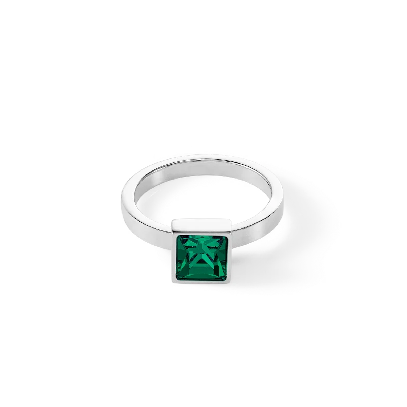 cz rings for women -Brilliant Square big ring silver dark green