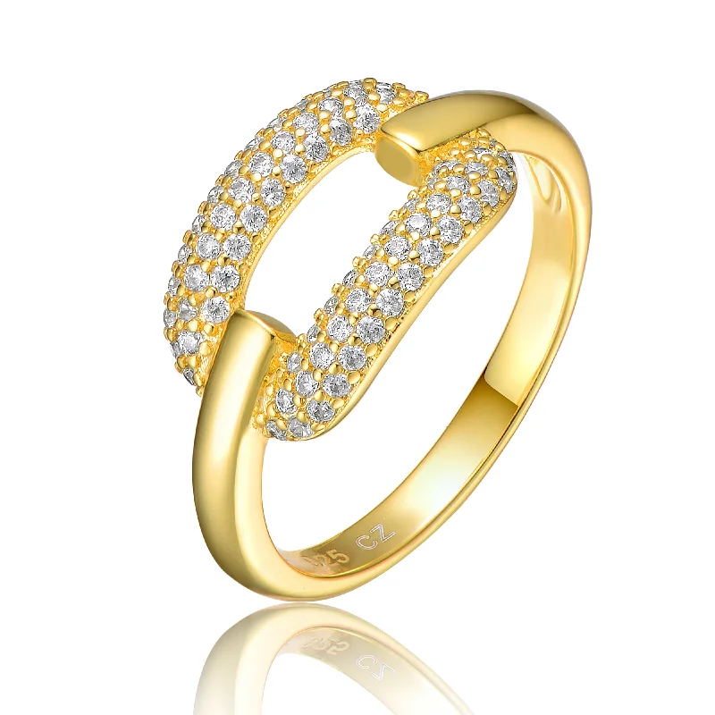 cluster diamond rings for women -Sterling Silver 14K Gold Plated and Cubic Zirconia 2-Row Modern Ring