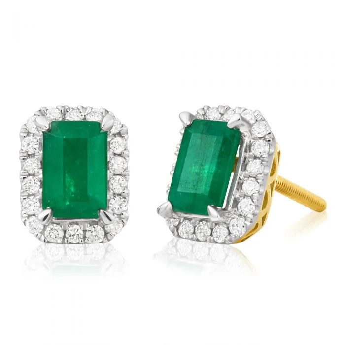 diamond earrings for women -9ct Yellow Gold 1.20 Carat Natural Emerald and 1/5 Carat Diamond Stud Earrings