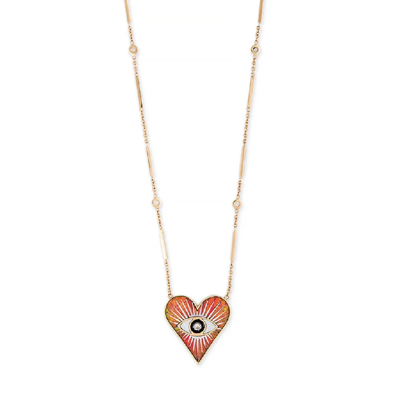 chevron necklaces for women -SMALL ORANGE OPAL INLAY EYE BURST HEART NECKLACE