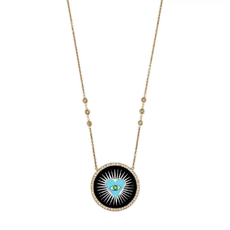 delicate necklaces for women -PAVE ONYX INLAY TURQUOISE HEART BURST NECKLACE