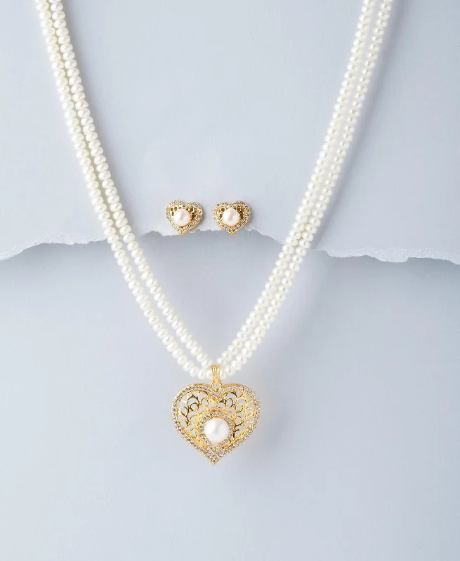 layered necklaces for women -Heart Real Pearl Necklace Set