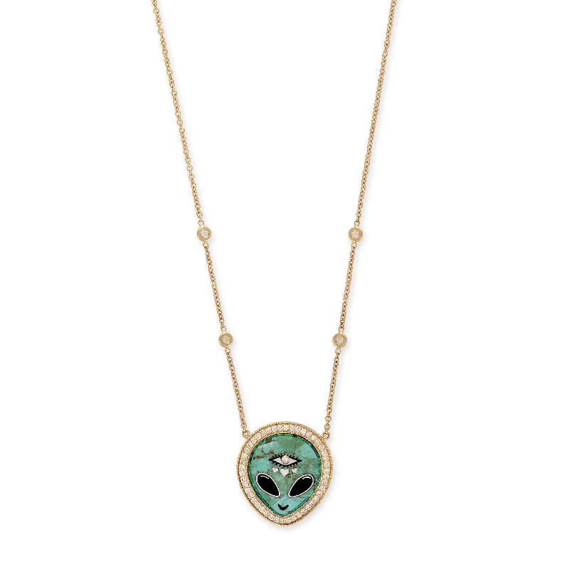 celestial necklaces for women -SMALL PAVE TURQUOISE + ONYX ALIEN HEART EYE INLAY NECKLACE