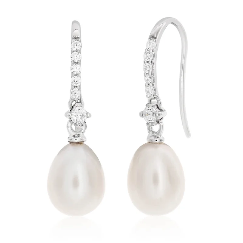 handmade earrings for women -Sterling Silver White Freshwater Pearl + Cubic Zirconia Drop Earrings