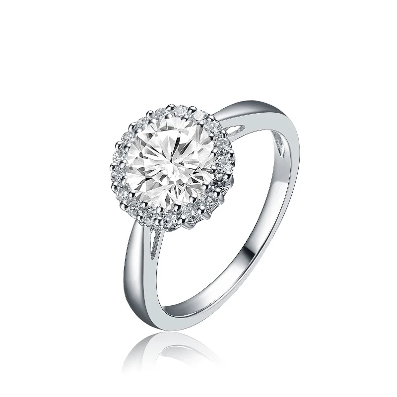 halo rings for women -Sterling Silver White Gold Plated Halo Round Clear Cubic Zirconia Solitaire Ring