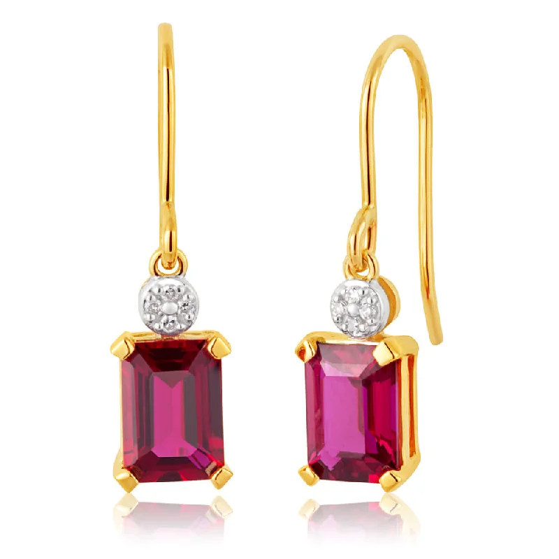 crystal earrings for women -9ct Yellow Gold Created Ruby and Diamond Drop Earrings