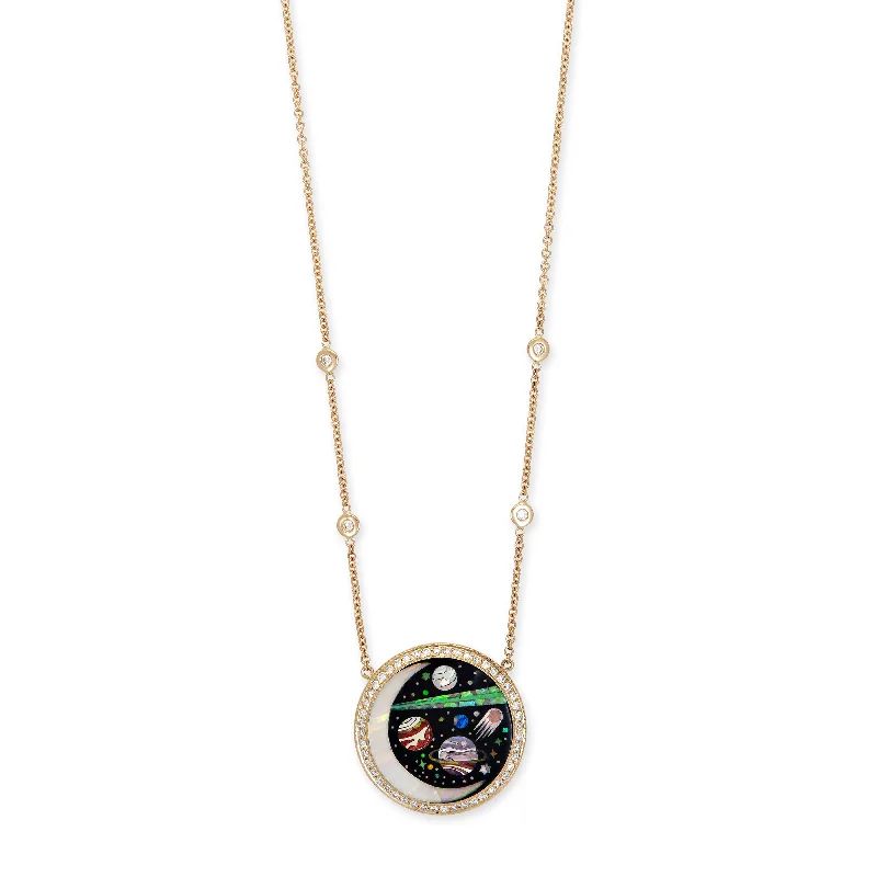 dainty gold necklaces for women -SMALL PAVE ROUND ONYX + OPAL CRESCENT GALAXY PLANET INLAY NECKLACE