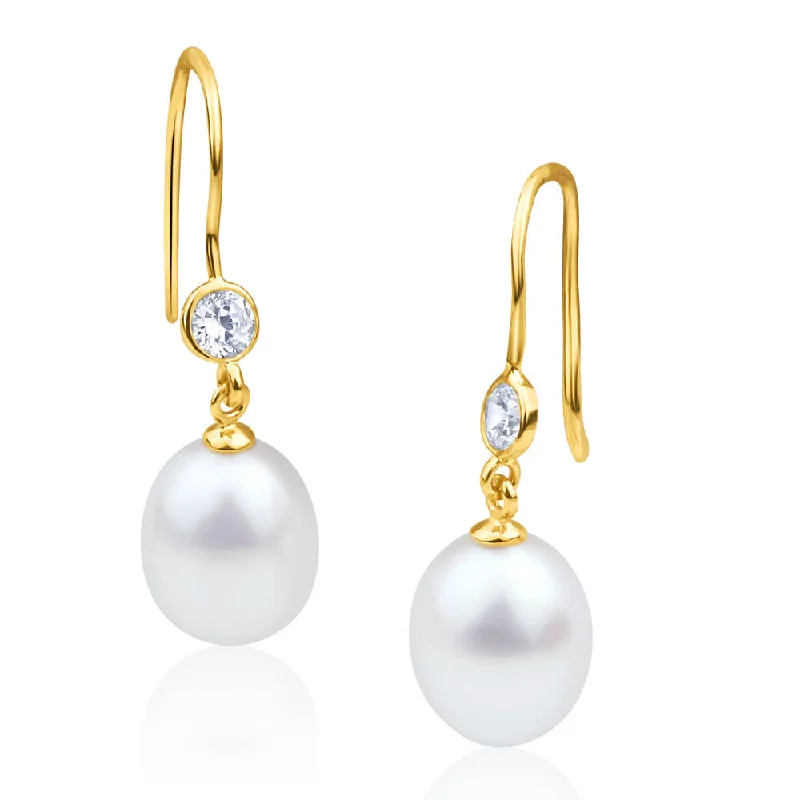 reversible earrings for women -9ct Alluring Yellow Gold Freshwater Pearl and Cubic Zirconia Drop Earrings