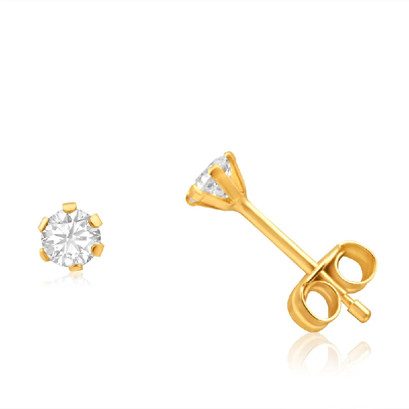 vintage earrings for women -9ct Yellow Gold Cubic Zirconia 3mm 6 Claw Stud Earrings