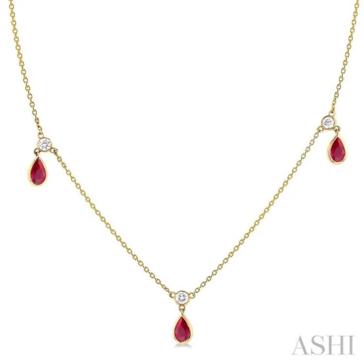 pearl necklaces for women -1/4 ctw Round Cut Diamonds and 5X3MM Pear Shape Ruby Precious Station Necklace in 14K Yellow Gold