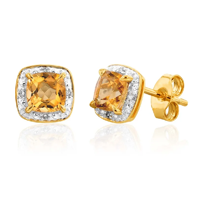 trendy earrings for women -9ct Yellow Gold 1/2ct Citrine and Diamond Cushion Cut Stud Earrings