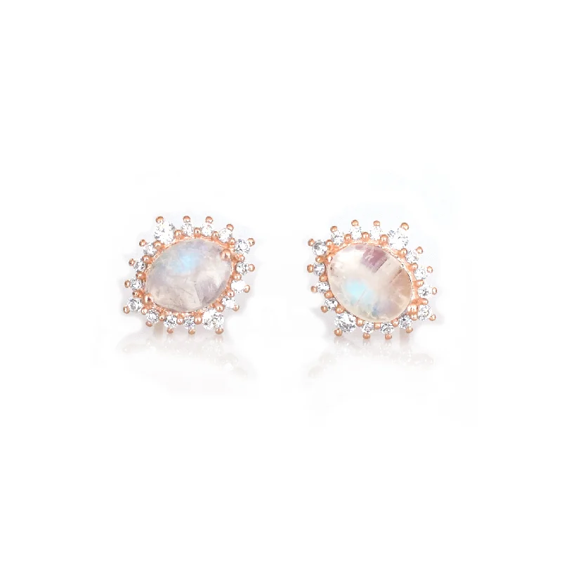 handmade earrings for women -Rose Gold Rainbow Moonstone and Diamond Flowerburst Studs