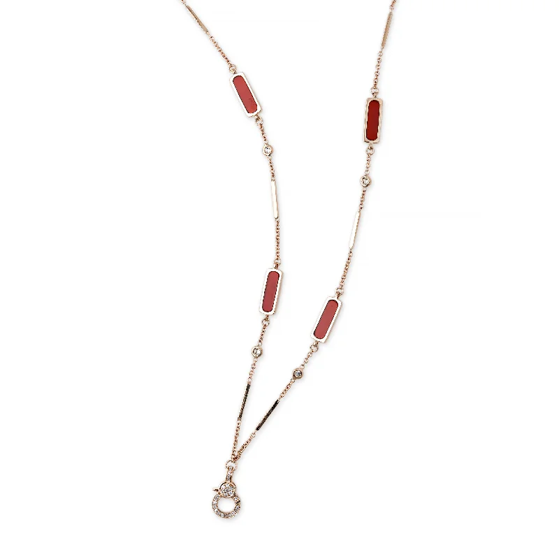 custom engraving necklaces for women -PAVE CHARM CLIP 4 RED AGATE INLAY DIAMOND SMOOTH BAR NECKLACE