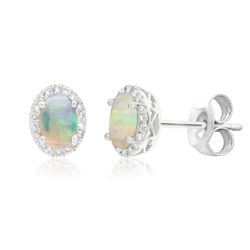 bridesmaid earrings for women -9ct White Gold 0.25ct Natural White Opal and Diamond Stud Earrings