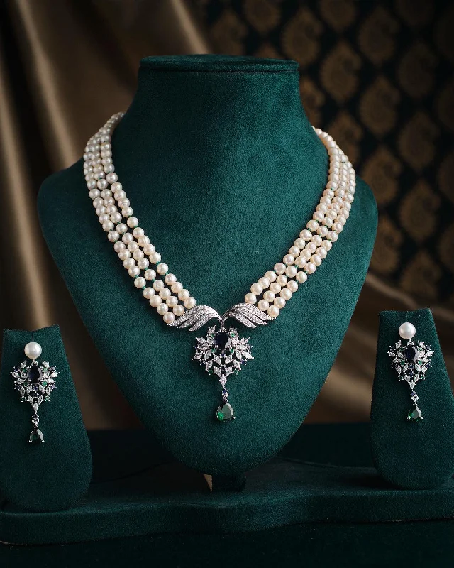 fine jewelry necklaces for women -Forever Blooming Stone Studded Pearl Necklace Set