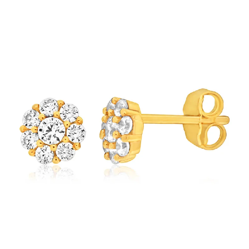 multi-stone earrings for women -9ct Yellow Gold Silver Filled Cubic Zirconia Flower Stud Earrings