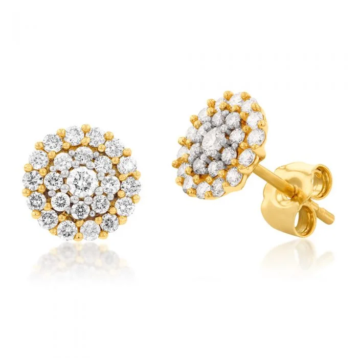 boho earrings for women -9ct Yellow Gold 1/2 Carat Diamond Cluster Stud Earrings