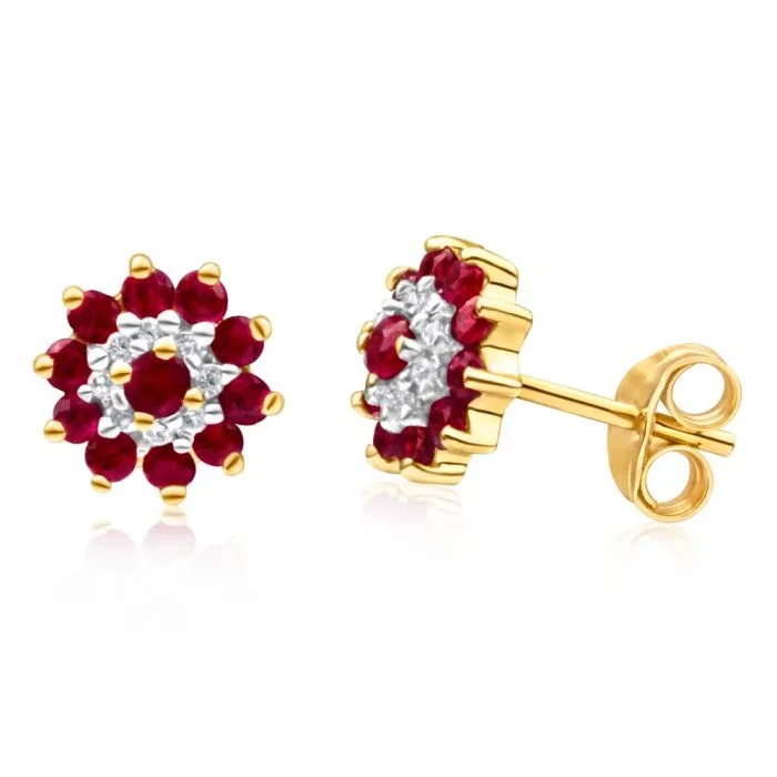 clip-on earrings for women -9ct Yellow Gold Natural Ruby and Diamond Flower Cluster Stud Earrings