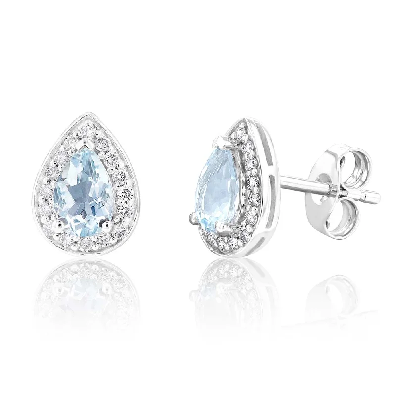 bar earrings for women -9ct White Gold 1/3ct Aquamarine and 0.15 Carat Diamond Pear Halo Stud Earrings