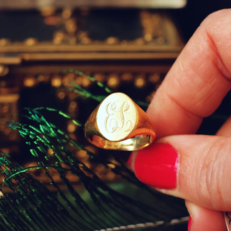 platinum rings for women -Antique 18ct Gold Hand Engraved 'EL' Signet Ring