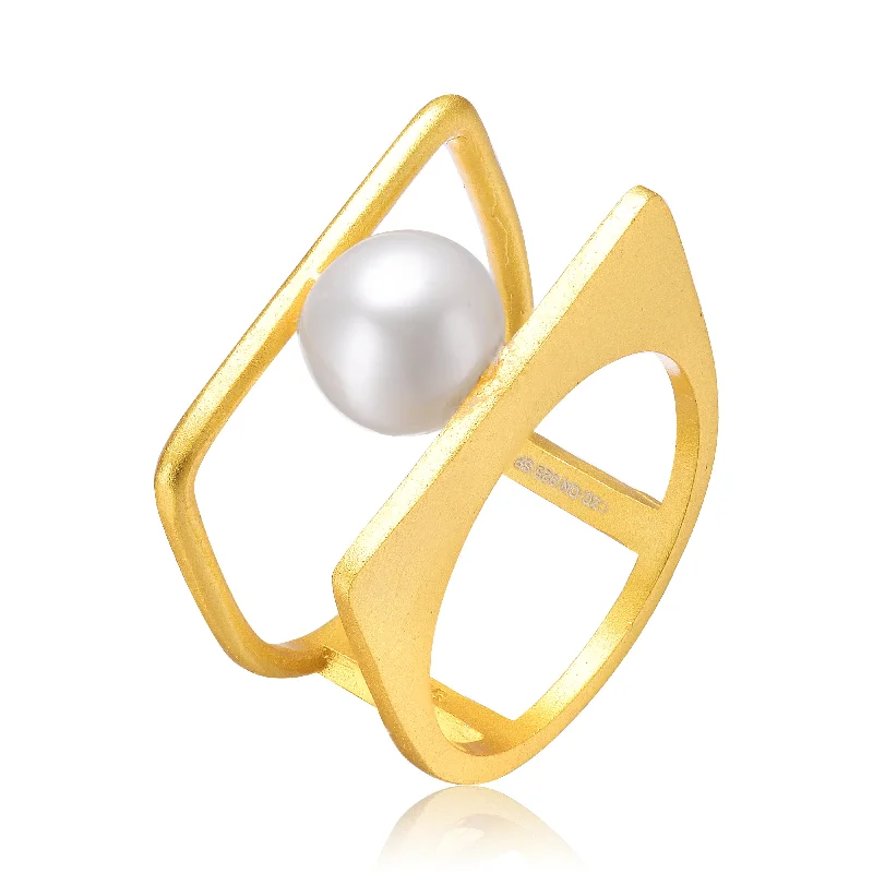 bold statement rings for women -14k Gold Plated with White Genuine Freshwater Pearl Double Band Geometric Square Stacked Ring