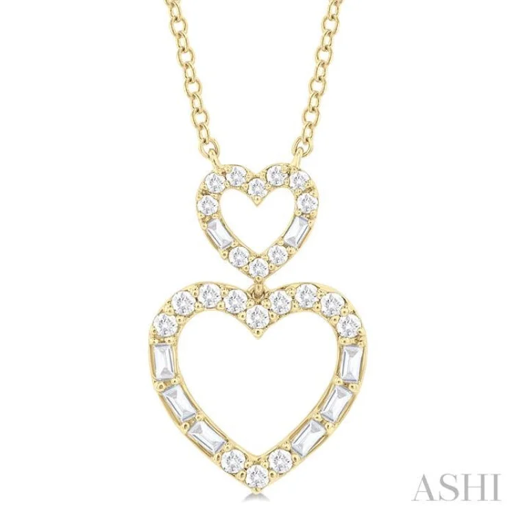 druzy necklaces for women -1/3 ctw Twin Heart Fusion Baguette and Round Cut Diamond Necklace in 10K Yellow Gold