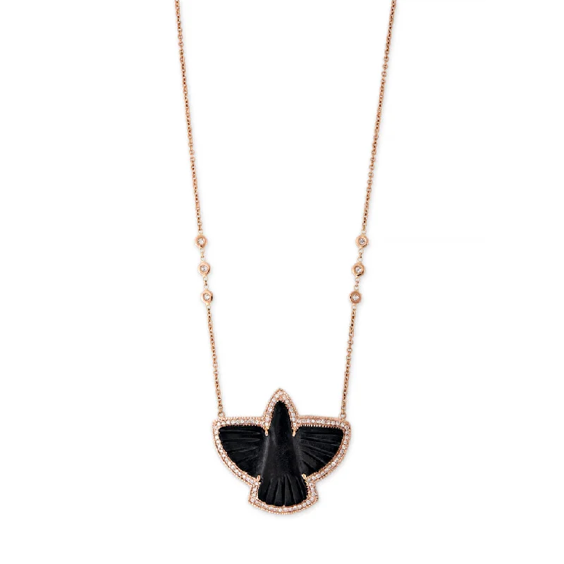 feather necklaces for women -PAVE ONYX THUNDERBIRD 6 DIAMOND NECKLACE