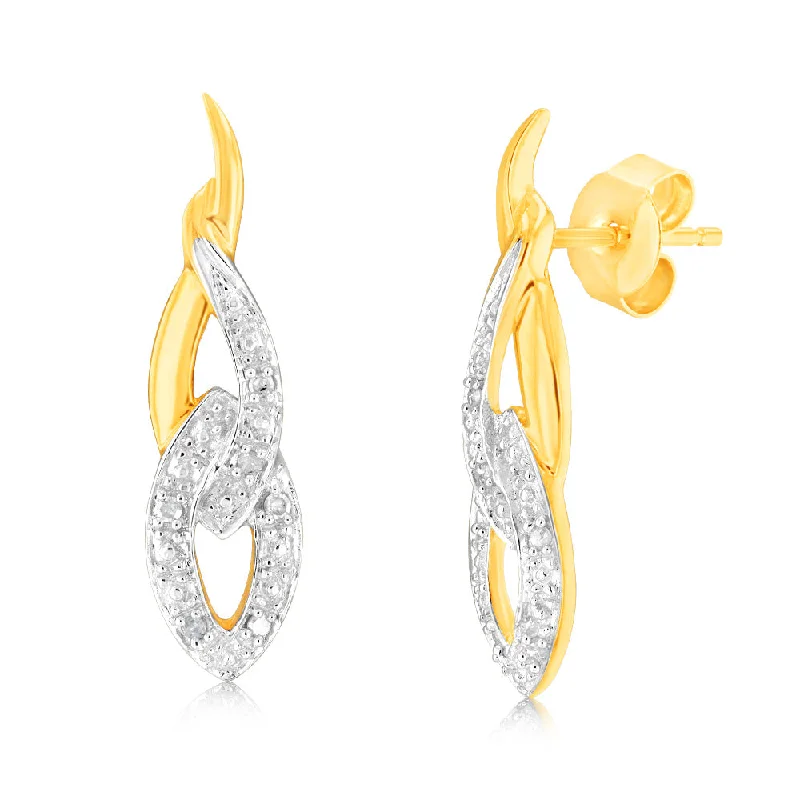 handmade earrings for women -9ct Yellow Gold Twisted Drop Earrings in 12 Diamonds