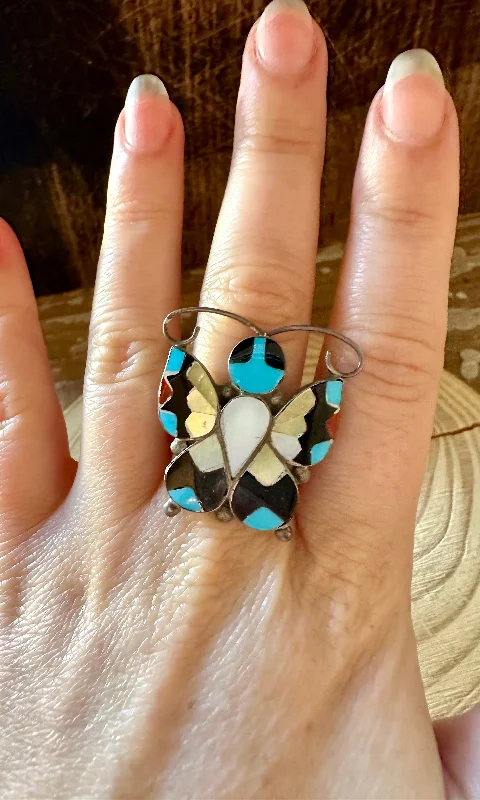 infinity rings for women -TAKING FLIGHT Allison Dishta Inlay Butterfly Zuni Ring • Size 9