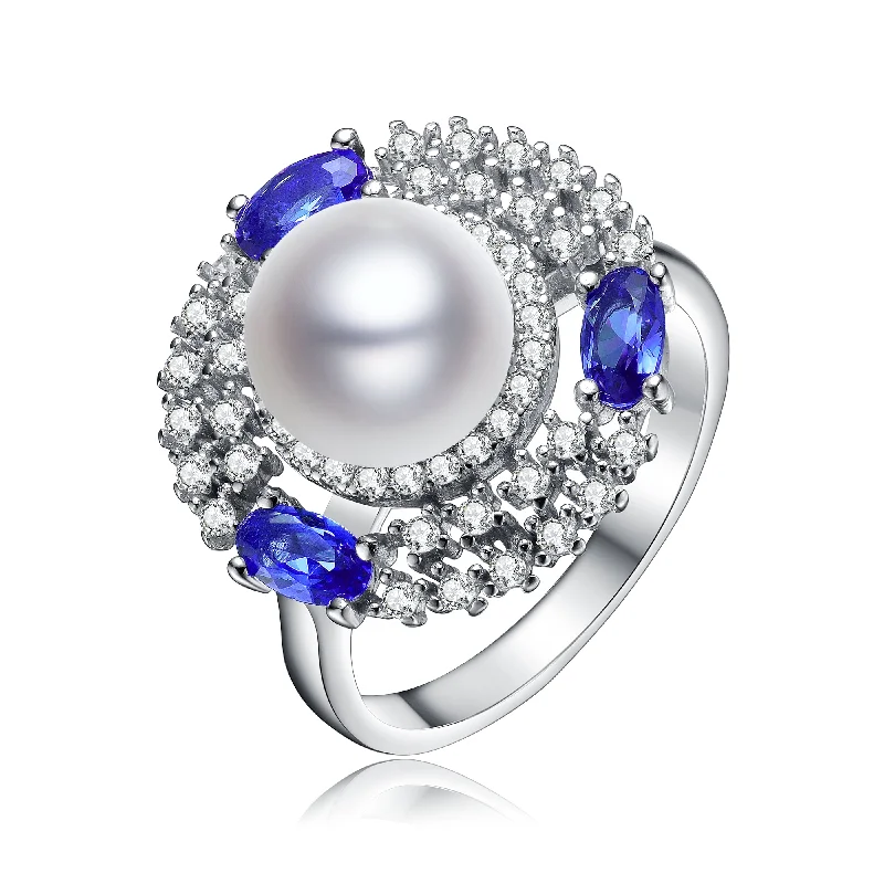 bar rings for women -Sterling Silver Sapphire, Clear Cubic Zirconia, and Pearl l Ring