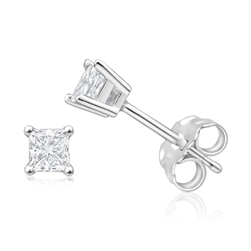 threader earrings for women -9ct White Gold Diamond Stud Earrings Set with 2 Beautiful Princess Cut Diamonds