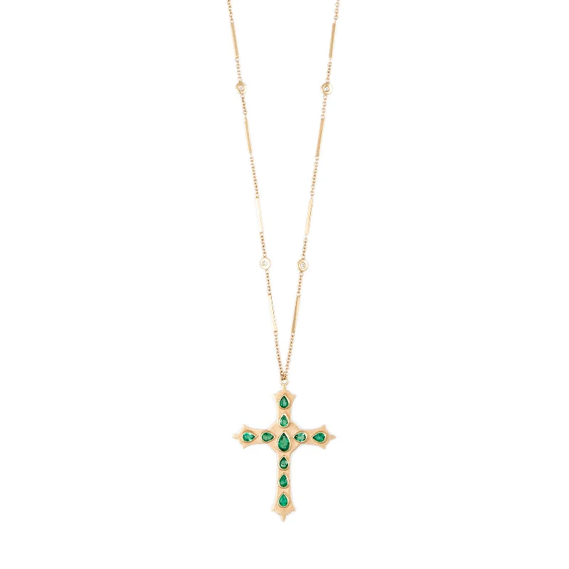 layered choker necklaces for women -LARGE EMERALD TEARDROP GOTHIC CROSS SMOOTH BAR NECKLACE