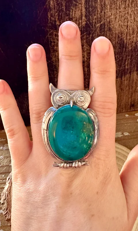 titanium rings for women -PERCHED OWL Silver & Blue Ring • Size 8