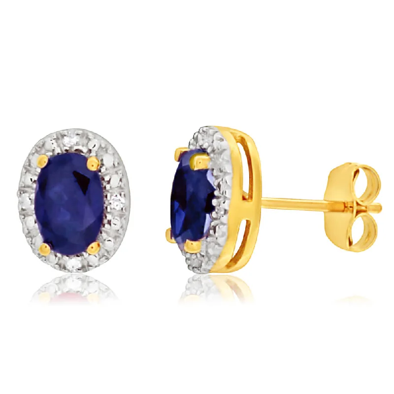 gold chain earrings for women -9ct Yellow Gold Created Sapphire 6x4mm + Diamond Stud Earrings