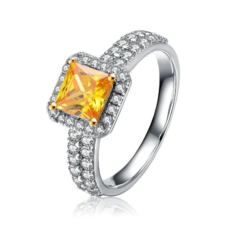 adjustable gemstone rings for women -Sterling Silver Yellow Cubic Zirconia Brilliant Cut Halo Ring (Double Band)